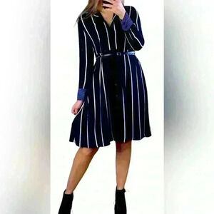 Who What Where Womens M Black White Striped Belted Longline Shirt Career Dress